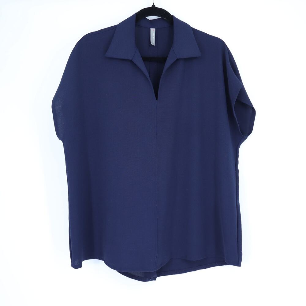 LAST TANGO Oversized Collared Blouse Navy Blue Button Back Women's L/XL